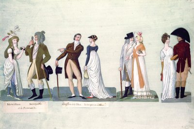 Fol.50 Merveilleuse...Incroyable se promenant; Coiffure à la Titus...Tocque dans le style jockey - P. A. and J.B. Lesueur